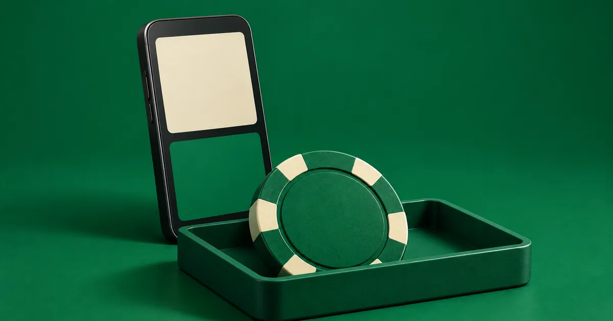 A phone at the edge of a tray holding one casino chip