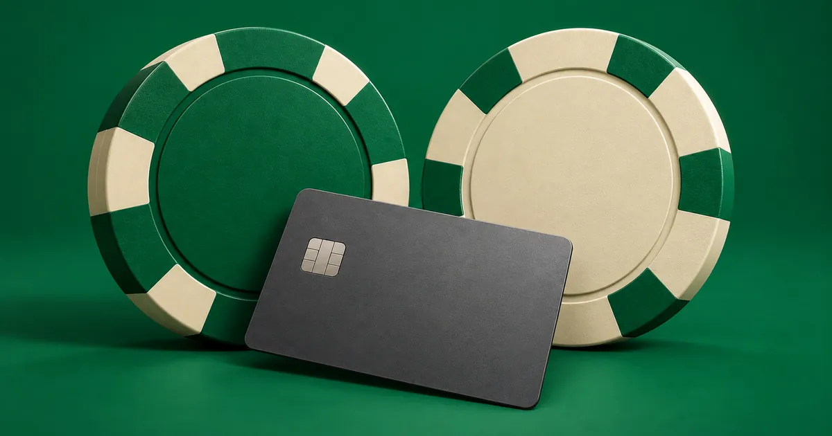 Two different casino chips next to a bank card