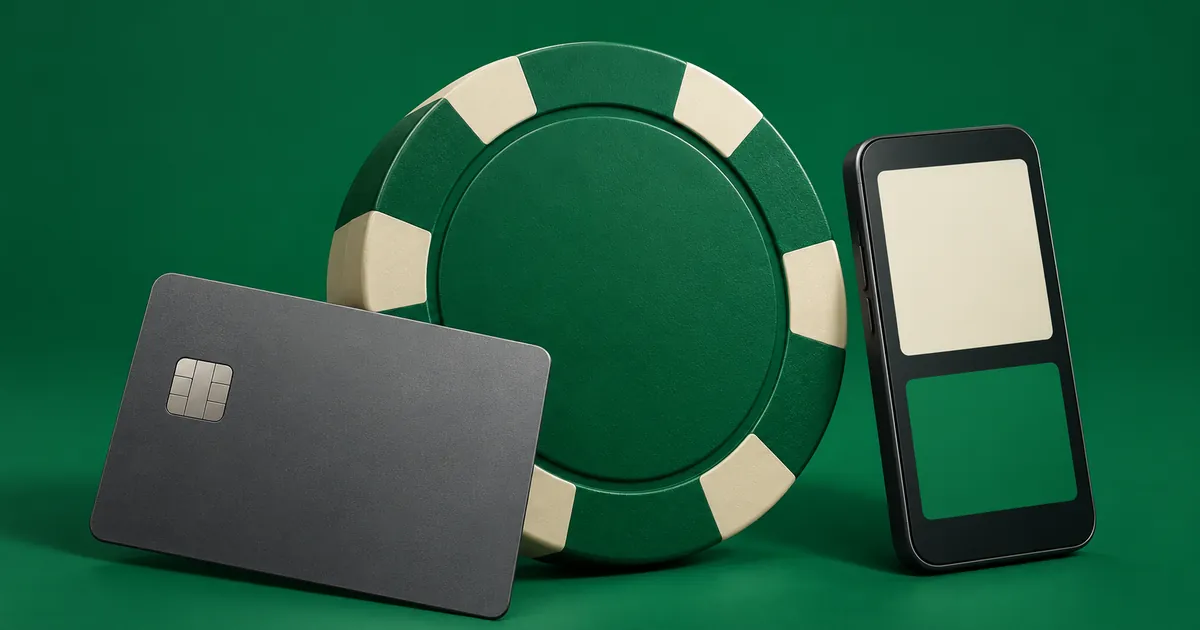 A large green casino chip beside a bank card and a phone with two colour panels
