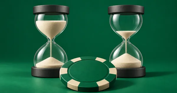 Two hourglasses with different amounts of sand and a casino chip