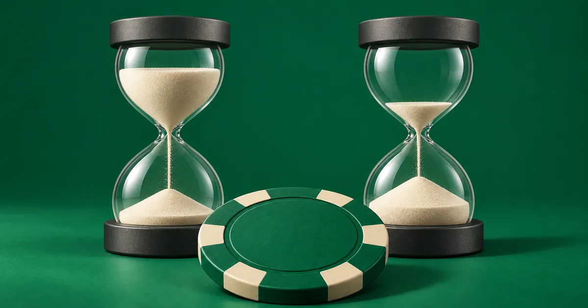 Two hourglasses with different amounts of sand and a casino chip