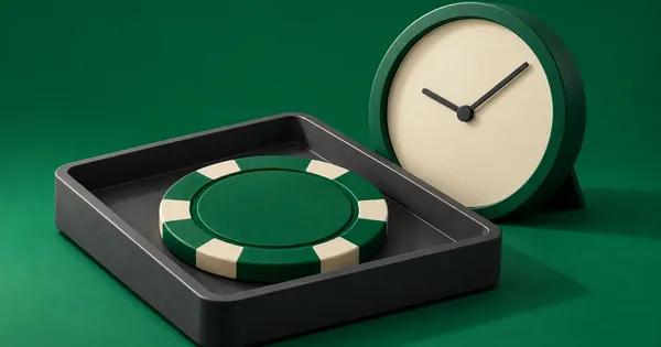 A casino chip in a holding tray next to a clock