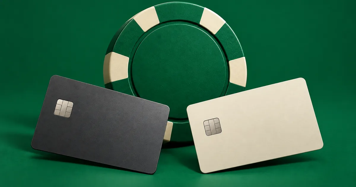 Two bank cards fanning out from a casino chip