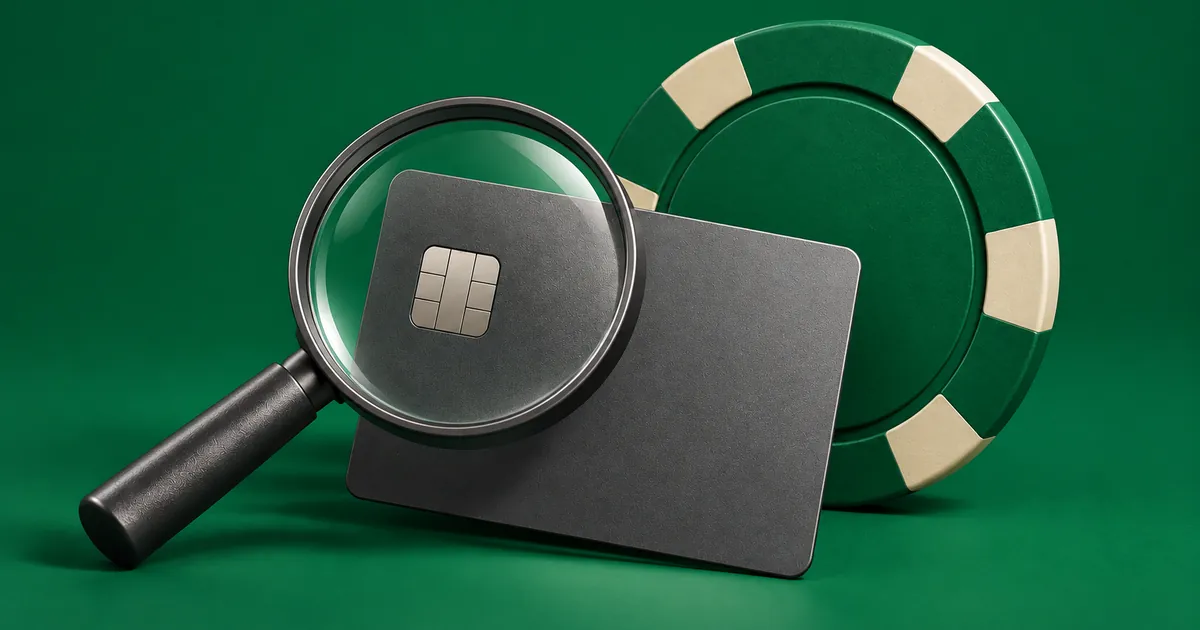 A magnifying glass over a bank card next to a large casino chip