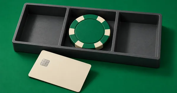 A casino chip in the middle section of a three-part tray, with a bank card