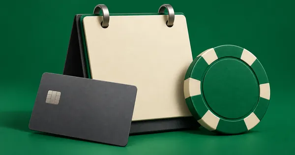 A blank desk calendar, a bank card and a casino chip