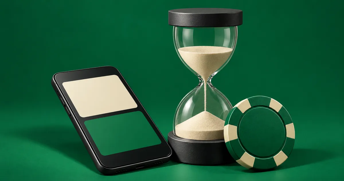 A phone with large status panels, an hourglass and a casino chip